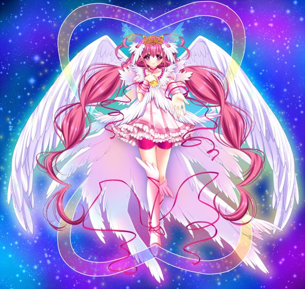 Anime picture 2632x2500 with precure smile precure! toei animation hoshizora miyuki shirato sayuri single blush highres purple eyes twintails pink hair very long hair head wings girl dress wings boots frills tiara