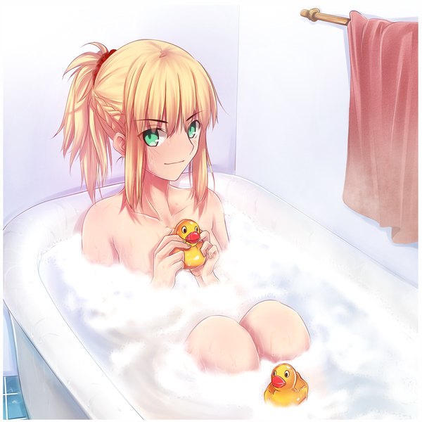 Anime picture 1200x1200 with fate (series) fate/apocrypha type-moon artoria pendragon (all) saber tusia (malta) single blush short hair light erotic blonde hair green eyes girl bath suds rubber duck