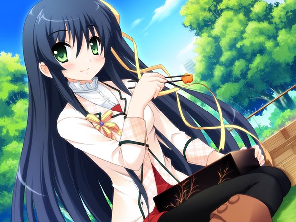 Anime picture 1200x900 with lovekami sakisa itsuki motoi ayumu long hair black hair green eyes game cg girl ribbon (ribbons) hair ribbon