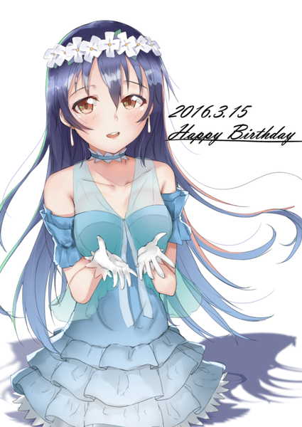 Anime picture 1100x1553 with love live! school idol project sunrise (studio) love live! sonoda umi qwyte single long hair tall image looking at viewer blush fringe breasts open mouth light erotic simple background hair between eyes white background brown eyes blue hair pleated skirt
