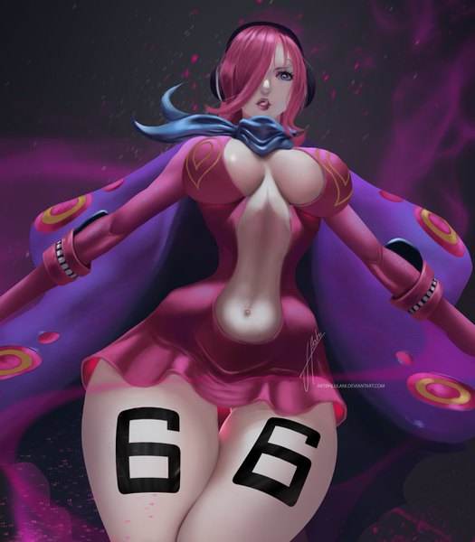 Anime picture 2480x2835 with one piece toei animation vinsmoke reiju hlulani single tall image looking at viewer fringe highres short hair breasts blue eyes light erotic simple background large breasts signed pink hair lips hair over one eye realistic