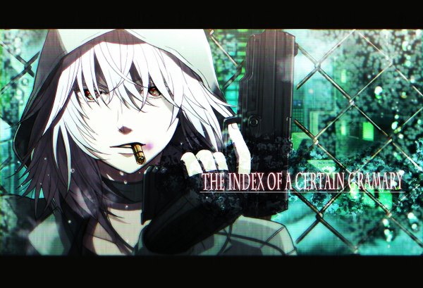 Anime picture 1280x874 with to aru kagaku no railgun to aru majutsu no index j.c. staff accelerator looking at viewer short hair red eyes white hair inscription boy gloves weapon choker fingerless gloves gun hood