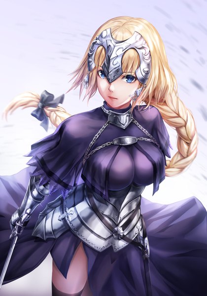 Anime picture 1000x1427 with fate (series) fate/grand order fate/apocrypha jeanne d'arc (fate) (all) jeanne d'arc (fate) lunacle single long hair tall image looking at viewer fringe breasts blue eyes blonde hair simple background standing holding braid (braids) lips blurry