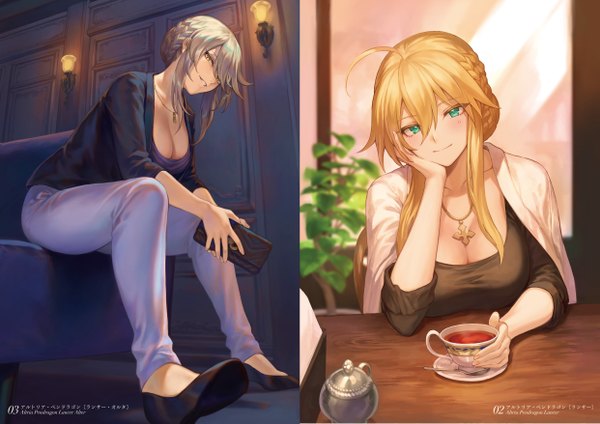 Anime picture 4962x3509 with fate (series) fate/grand order artoria pendragon (all) artoria pendragon (lancer alter) artoria pendragon (lancer) mashuu (neko no oyashiro) looking at viewer fringe highres short hair breasts light erotic blonde hair smile hair between eyes large breasts sitting multiple girls holding green eyes