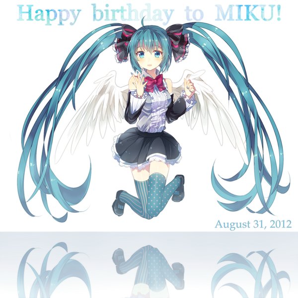 Anime picture 1380x1380 with vocaloid hatsune miku yurami kohaku single looking at viewer blush twintails full body ahoge very long hair aqua eyes aqua hair dated reflection polka dot jumping happy birthday different thighhighs 2012 girl