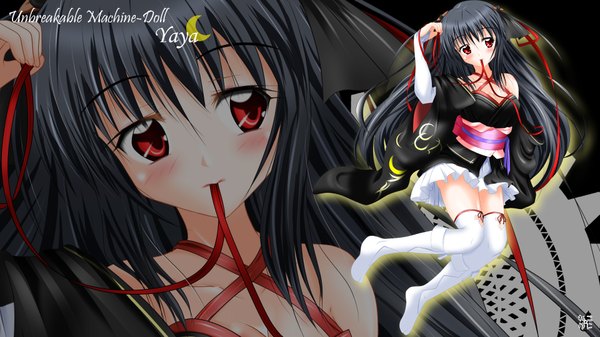 Anime picture 1920x1080 with machine-doll wa kizutsukanai yaya (machine-doll) long hair blush highres black hair red eyes wide image bare shoulders traditional clothes japanese clothes zoom layer girl thighhighs ribbon (ribbons) white thighhighs kimono