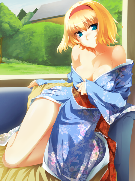 Anime picture 750x1000 with touhou alice margatroid hinohoshi ataru single tall image blush short hair breasts blue eyes light erotic blonde hair bare shoulders bent knee (knees) traditional clothes japanese clothes :o girl plant (plants) tree (trees) kimono