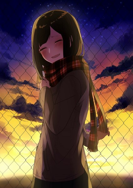 Anime picture 811x1146 with original sogawa single long hair tall image blush open mouth smile brown hair sky cloud (clouds) upper body eyes closed evening sunset ^ ^ ^o^ girl uniform school uniform