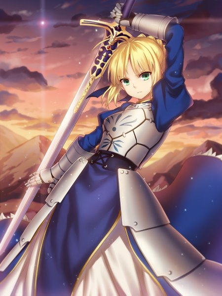Anime picture 1000x1333 with fate (series) fate/stay night type-moon artoria pendragon (all) saber pollia single tall image looking at viewer short hair blonde hair green eyes cloud (clouds) mountain girl weapon sword armored dress