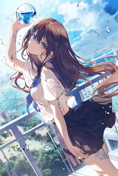 Anime picture 1200x1780 with original necomi (gussan) single long hair tall image looking at viewer fringe blue eyes black hair smile hair between eyes standing sky cloud (clouds) outdoors nail polish head tilt arm up wind blurry