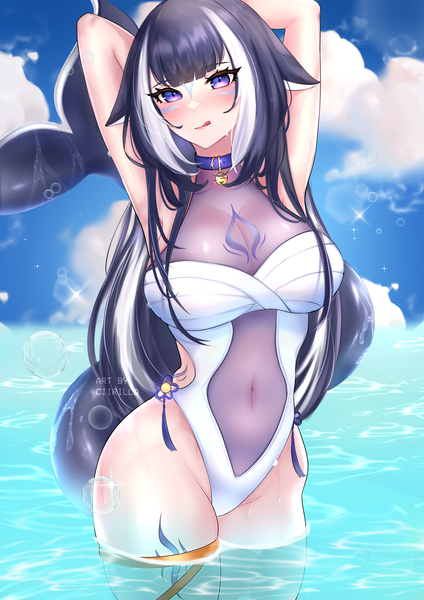 Anime picture 2480x3508 with virtual youtuber indie virtual youtuber shylily shylily (3rd costume) ciirilla (sullendaisy) single long hair tall image looking at viewer blush fringe highres light erotic black hair standing purple eyes signed sky cloud (clouds) white hair