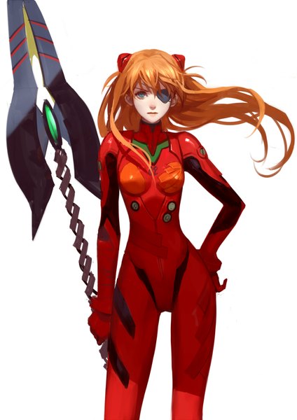 Anime picture 1300x1838 with neon genesis evangelion rebuild of evangelion gainax soryu asuka langley shikinami asuka langley ask (askzy) single long hair tall image looking at viewer fringe blue eyes simple background standing white background holding wind orange hair hand on hip girl