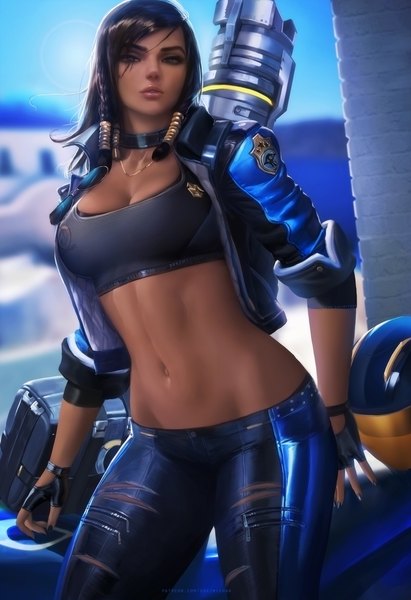 Anime-Bild 2737x4000 mit overwatch blizzard entertainment pharah (overwatch) sakimichan single long hair tall image looking at viewer fringe highres breasts light erotic black hair standing nail polish fingernails lips realistic off shoulder open jacket
