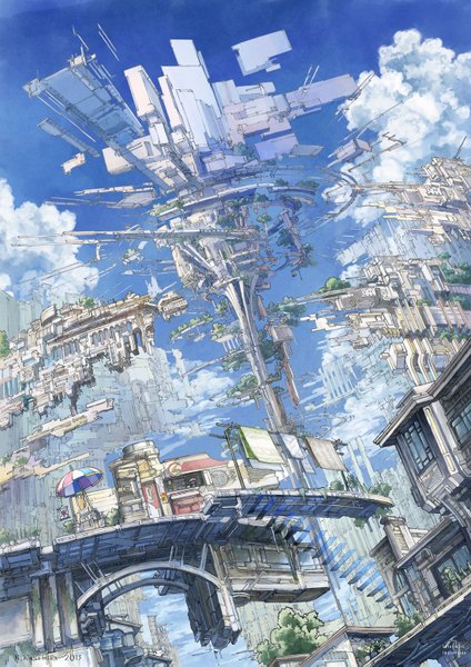 Anime picture 1100x1555 with original k kanehira tall image signed sky cloud (clouds) scenic futuristic plant (plants) building (buildings) umbrella stairs bridge laundry food stand