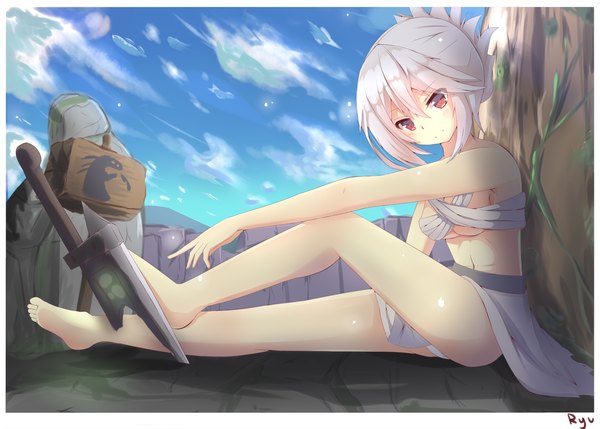 Anime picture 1500x1073 with league of legends riven (league of legends) baron nashor (league of legends) mizuki ryuu single blush short hair light erotic red eyes sitting sky light smile grey hair pantyshot pantyshot sitting girl underwear panties weapon sword