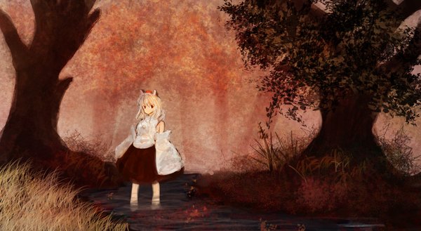 Anime picture 1754x964 with touhou inubashiri momiji hone (sss-sig) single long hair highres wide image standing bare shoulders animal ears white hair black eyes partially submerged wolf ears autumn nature girl skirt plant (plants) hat