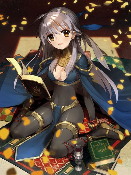 Anime picture 3000x4000 with fire emblem fire emblem: radiant dawn nintendo micaiah (fire emblem) wada arco single long hair tall image blush highres breasts open mouth smile large breasts sitting yellow eyes grey hair alternate costume wariza girl