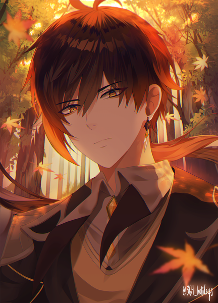 Anime picture 1200x1668 with genshin impact zhongli (genshin impact) 364 holidays single long hair tall image looking at viewer fringe hair between eyes brown hair brown eyes upper body low ponytail boy leaf (leaves) single earring maple leaf