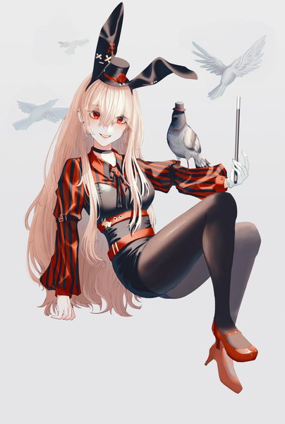 Anime picture 2756x4096 with original libo (724ml) single long hair tall image looking at viewer blush fringe highres simple background blonde hair smile hair between eyes red eyes holding animal ears full body bent knee (knees) long sleeves parted lips