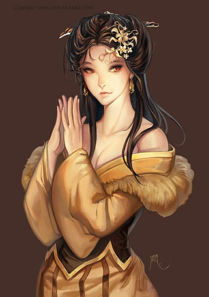 Anime picture 778x1100 with claparo-sans single long hair tall image simple background brown hair bare shoulders signed yellow eyes looking away cleavage traditional clothes japanese clothes lips wide sleeves eyeshadow brown background girl hair ornament earrings