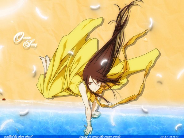 Anime picture 1600x1200 with rahxephon studio bones mishima reika single long hair looking at viewer brown hair signed barefoot orange eyes beach partially submerged floating hair dated third-party edit girl dress water sea feather (feathers)