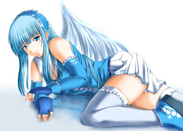 Anime picture 1132x812 with blush blue eyes blue hair angel thighhighs wings