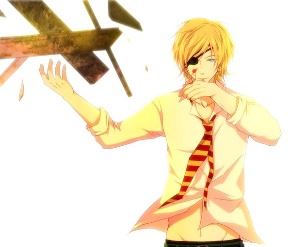 Anime picture 1254x1067 with code: breaker kinema citrus fujiwara toki single looking at viewer short hair blue eyes simple background blonde hair smile white background boy navel earrings necktie blood eyepatch