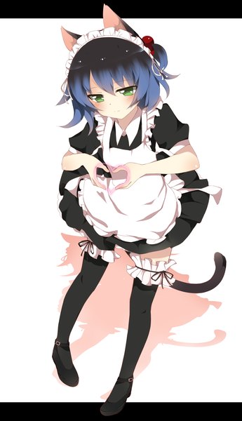 Anime picture 2300x4000 with utau ryone yami saru to yami single tall image blush highres short hair green eyes animal ears blue hair full body multicolored hair cat ears shadow maid cat girl cat tail heart hands girl