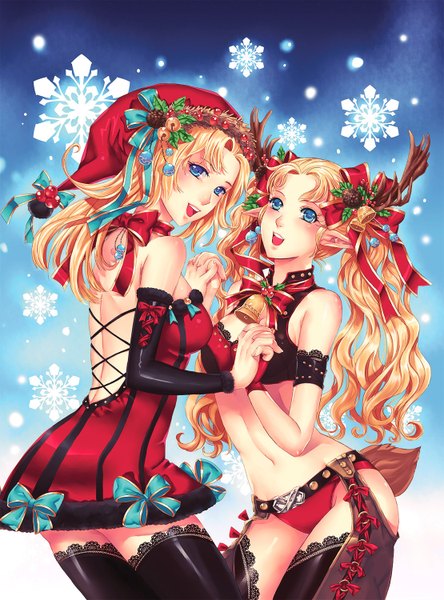 Anime picture 1110x1500 with veggiesexy long hair tall image looking at viewer blush open mouth blue eyes light erotic blonde hair twintails bare shoulders multiple girls tail animal tail looking back horn (horns) pointy ears holding hands snowing christmas