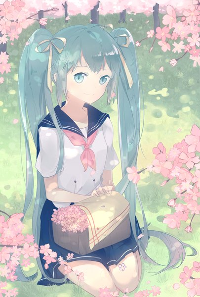 Anime picture 709x1050 with vocaloid hatsune miku tagme (artist) single tall image blue eyes twintails blue hair very long hair girl uniform flower (flowers) ribbon (ribbons) hair ribbon petals serafuku