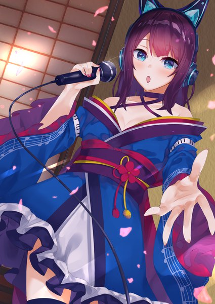Anime picture 1254x1771 with virtual youtuber re:act tsumugi kurama konkito single long hair tall image looking at viewer blush open mouth blue eyes bare shoulders purple hair nail polish outstretched hand girl petals headphones obi microphone
