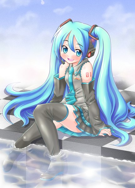 Anime picture 2484x3445 with vocaloid hatsune miku kanon (kurogane knights) single tall image blush highres light erotic twintails very long hair aqua hair pantyshot sitting girl thighhighs black thighhighs detached sleeves necktie headphones