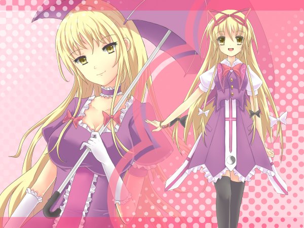 Anime picture 2400x1800 with touhou yakumo yukari tenhi tsukitori long hair highres open mouth blonde hair brown eyes girl thighhighs dress bow ribbon (ribbons) black thighhighs hair bow hair ribbon umbrella