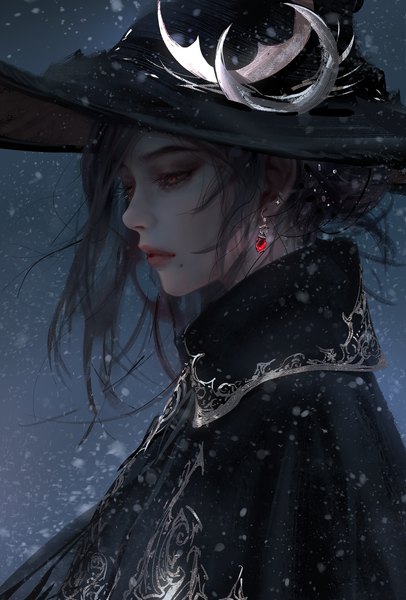 Anime picture 3382x5000 with original nixeu single tall image fringe highres short hair black hair brown eyes looking away absurdres upper body profile lips realistic mole snowing mole under mouth girl hat
