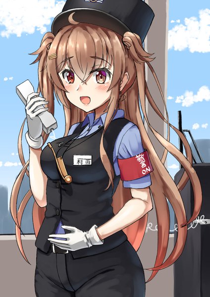 Anime picture 827x1169 with kantai collection yokohama seaside line murasame destroyer isonami destroyer mayura2002 single long hair tall image looking at viewer blush fringe open mouth smile hair between eyes red eyes brown hair standing holding brown eyes payot