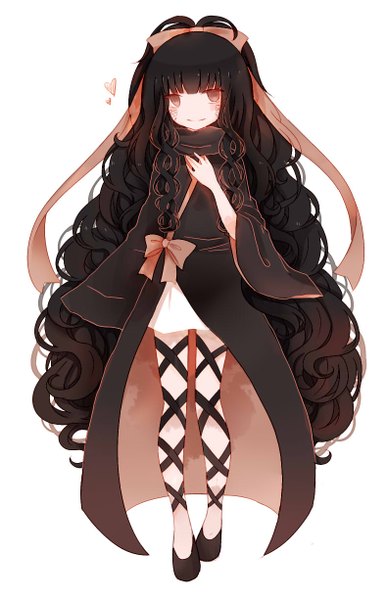 Anime picture 790x1225 with kagerou project shaft (studio) azami (kagerou project) maipiku muji zhong single tall image looking at viewer blush black hair simple background smile red eyes white background very long hair wavy hair girl ribbon (ribbons) hair ribbon heart
