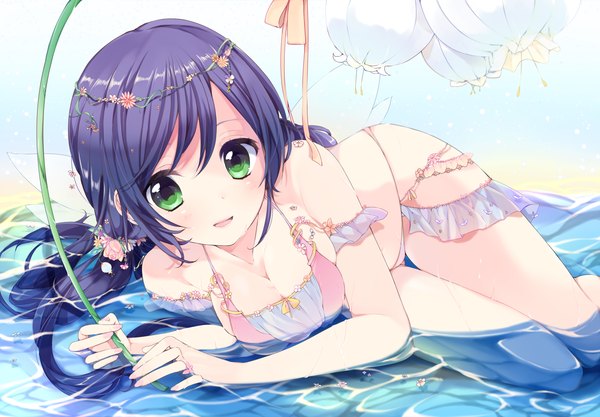 Anime picture 1436x1000 with love live! school idol project sunrise (studio) love live! toujou nozomi ooozen z single long hair looking at viewer breasts open mouth light erotic large breasts green eyes blue hair cleavage girl hair ornament flower (flowers) water
