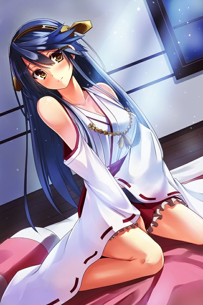 Anime picture 640x960 with kantai collection haruna battleship taletale single long hair tall image looking at viewer blush smile sitting bare shoulders brown eyes purple hair bent knee (knees) indoors long sleeves wide sleeves bare legs nontraditional miko girl