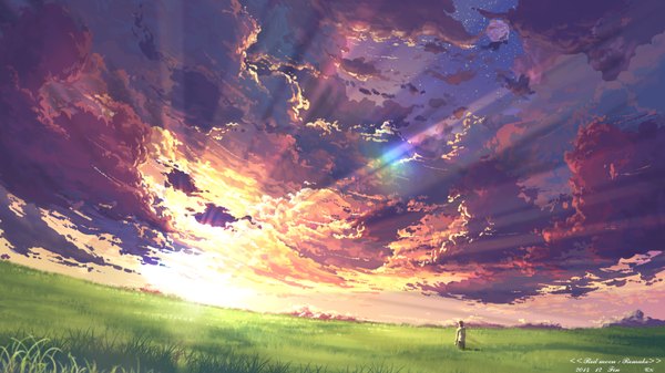Anime picture 1920x1080 with original yuko-san single highres short hair brown hair wide image signed sky cloud (clouds) sunlight field boy plant (plants) grass