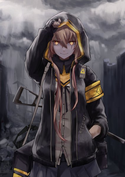 Anime picture 2480x3507 with girls frontline ump45 (girls frontline) leris muma single long hair tall image looking at viewer highres smile brown hair yellow eyes sky cloud (clouds) outdoors arm up open jacket text glowing scar rain