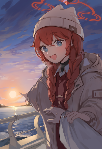 Anime picture 3431x5000 with blue archive maki (blue archive) maki (camp) (blue archive) seorang long hair tall image looking at viewer fringe highres open mouth blue eyes hair between eyes absurdres sky outdoors red hair braid (braids) :d open jacket twin braids