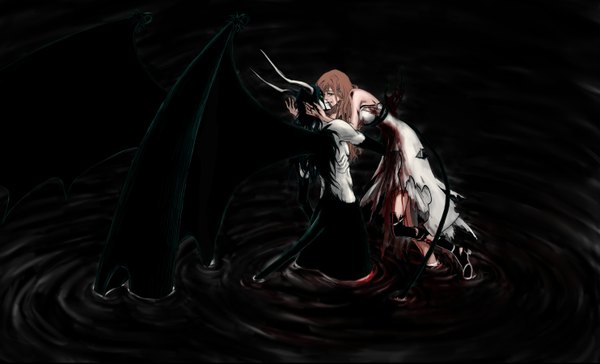 Anime picture 5934x3602 with bleach studio pierrot inoue orihime ulquiorra schiffer long hair highres short hair black hair blonde hair wide image green eyes yellow eyes absurdres horn (horns) dark background demon tail bat wings almost kiss espada girl