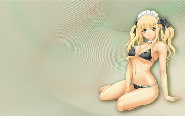 Anime picture 1920x1200 with tagme (artist) long hair looking at viewer highres breasts light erotic blonde hair wide image sitting twintails green eyes maid navel swimsuit bikini headdress maid headdress black bikini maid bikini