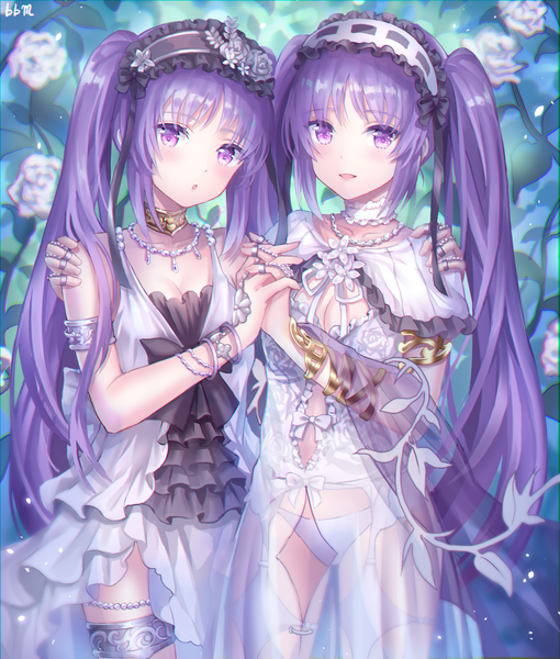 Anime picture 1700x2000 with fate (series) fate/hollow ataraxia euryale (fate) stheno blue blood moon long hair tall image looking at viewer blush fringe open mouth light erotic standing purple eyes twintails multiple girls signed payot purple hair :o