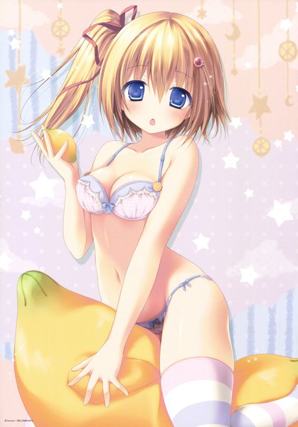 Anime picture 2656x3800 with melonbooks konomi (kino konomi) single tall image blush highres short hair breasts open mouth blue eyes light erotic blonde hair scan official art underwear only one side up girl thighhighs navel underwear