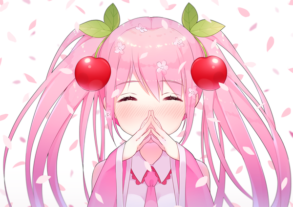 Anime picture 1000x707 with vocaloid hatsune miku sakura miku hym9594 single long hair blush white background twintails pink hair eyes closed fingers together girl flower (flowers) petals food berry (berries) cherry
