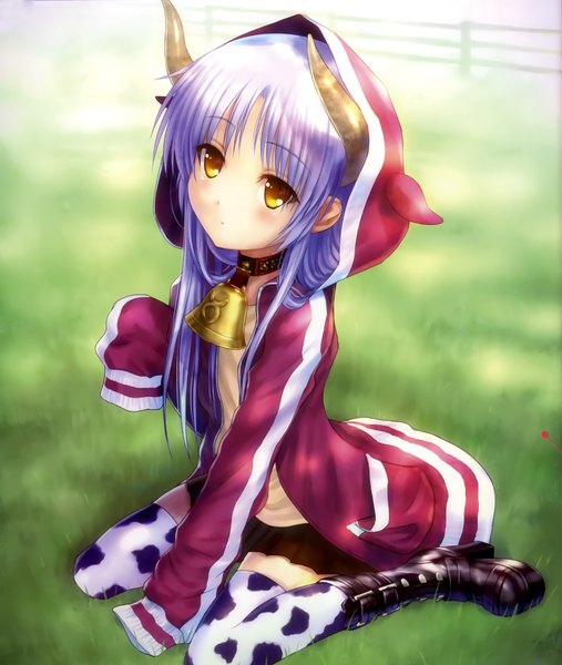 Anime picture 2372x2809 with angel beats! key (studio) tachibana kanade goto p single long hair tall image looking at viewer highres white background sitting yellow eyes horn (horns) scan official art wariza animal print cow print cow girl girl