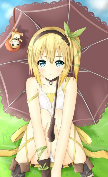 Anime picture 612x1000 with tales of (series) tales of zestiria edna (tales) normin (tales) tear yu single tall image looking at viewer blush fringe short hair blue eyes light erotic blonde hair smile pantyshot one side up pantyshot sitting girl underwear