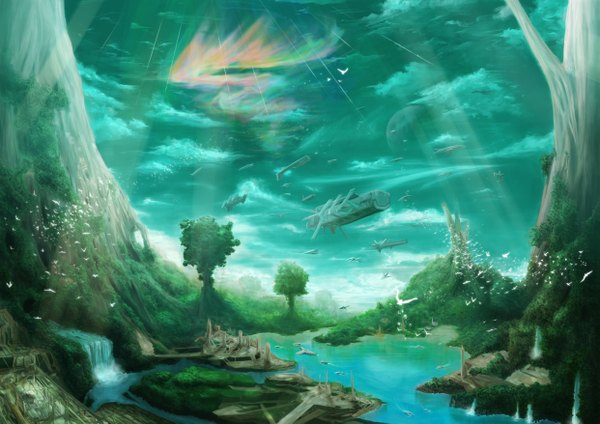 Anime picture 4961x3508 with original habata highres absurdres sky cloud (clouds) sunlight landscape river nature science fiction plant (plants) animal tree (trees) water bird (birds) aircraft airship