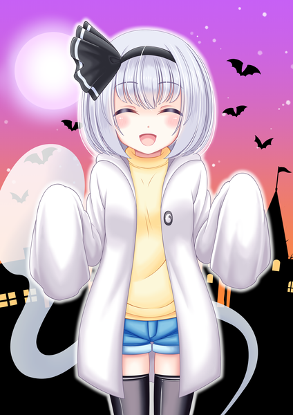 Anime picture 2894x4093 with touhou konpaku youmu myon reimei (r758120518) single tall image fringe highres short hair open mouth smile sky silver hair eyes closed long sleeves :d open clothes sleeves past wrists halloween ^ ^